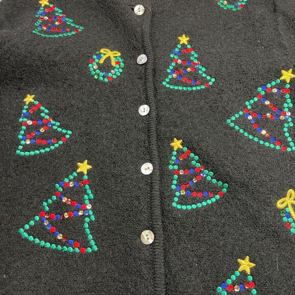 Kate Hill Casual Christmas Cardigan Sweater Women's Size Small 100% Wool Black - Picture 8 of 10